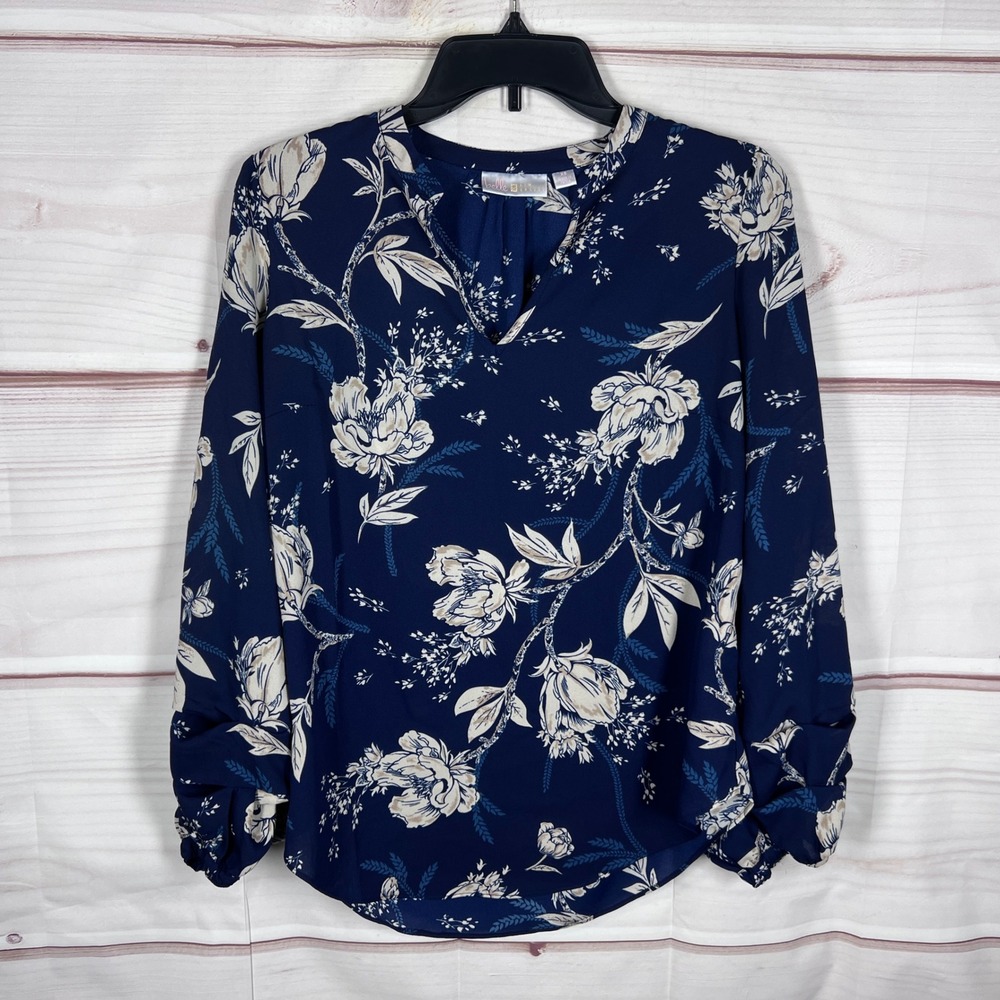 Belle by Kim Gravel Floral Blouse Women XS Blue V-Neck Top Pullover Woven Office